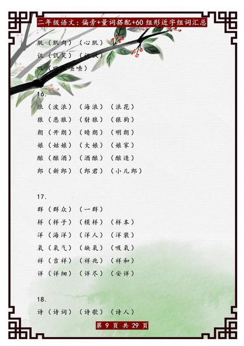 二年级下册语文偏旁量词搭配形近字组词收藏练习高分不愁