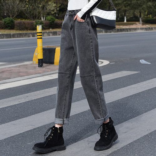 雅诺臣女士高腰宽松直筒老爹裤牛仔裤8828