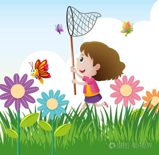 捉蝴蝶在花园里的小女孩