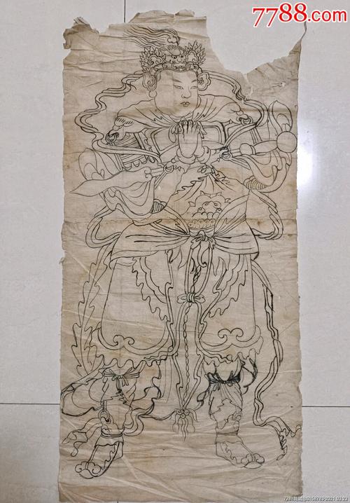 清代大幅白描韦陀神像