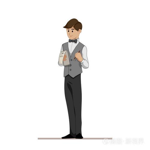 服务员点菜或显示菜单.在咖啡馆和餐馆工作人员.