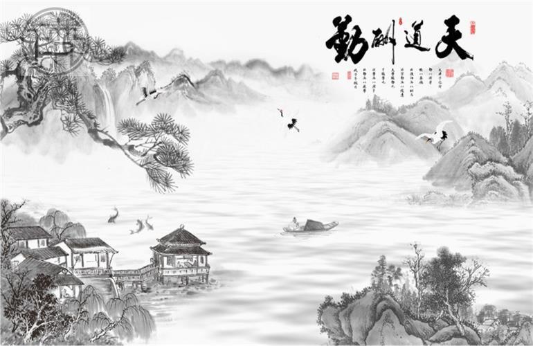3d立体壁画天道酬勤水墨山水电视背景墙纸客厅沙发无缝无纺布壁纸