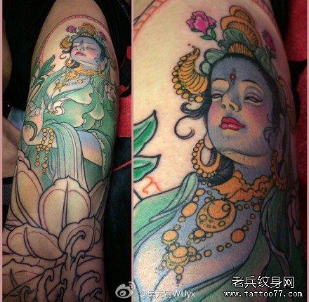 腿部女佛纹身图案