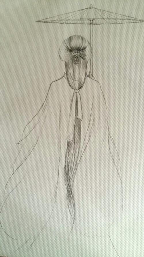 手绘 古风 唯美 撑伞 女子背影 线稿