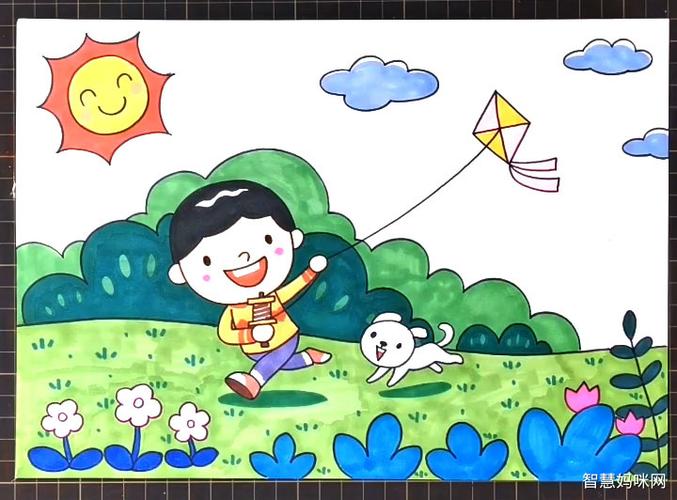 春天放风筝的小男孩简笔画