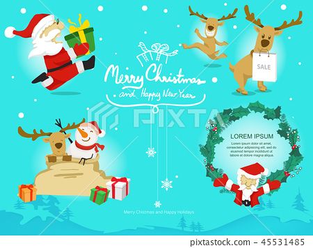 插图素材: cartoon santa claus reindeer snowman and leaf 查看全部