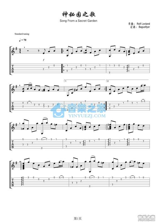 神秘园之歌指弹谱 原调六线谱-bandari-吉他源