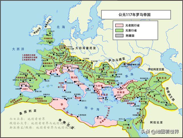 117年的罗马帝政区图经过图拉真的一系列扩张,罗马帝国的版图扩大到了