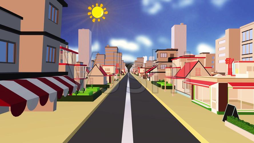 街道3d场景马路 店铺卡通动画