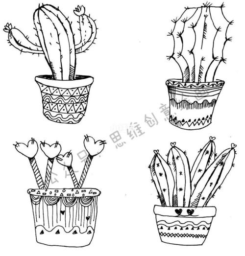 简笔画  线描画  素材|仙人掌盆栽_仙人掌_简笔画_铅笔_雨水去哪玩