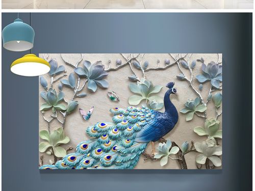 原创现代清新立体浮雕孔雀背景墙装饰画版权可商用