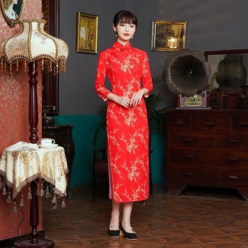 2021年新款七分袖大红款高档气质新娘礼服礼仪迎宾走秀旗袍连衣裙