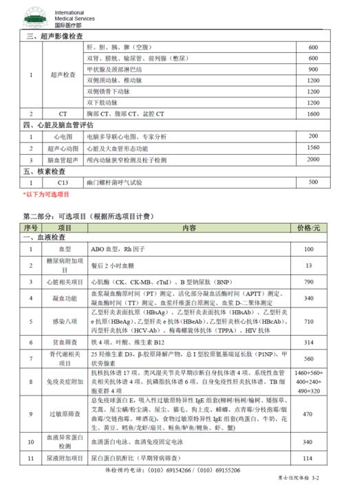 北京协和医院国际医疗部体检项目表