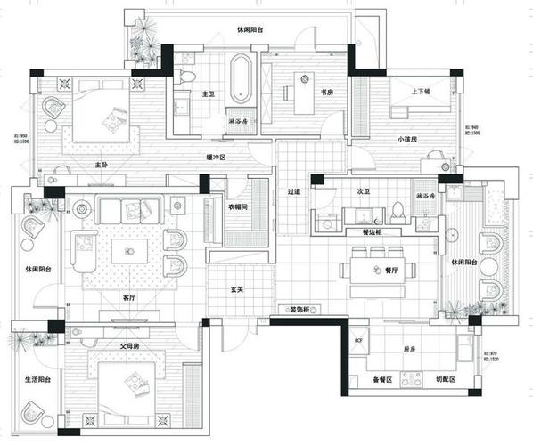 空间布置上分:客厅,餐厅,厨房,主卧,客卧,儿童房,书房,衣帽间,客卫,主