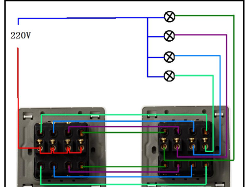 谁知道三开双控开关怎么接线,一共九个接头,上面五个下面四个