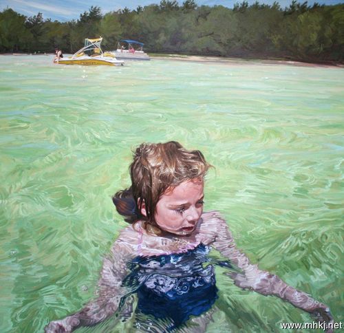 美国画家laura sanders儿童游泳主题油画作品