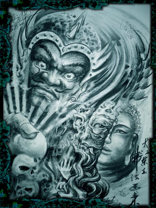 一款魔与佛适合满背的纹身图案图片(tattoo)