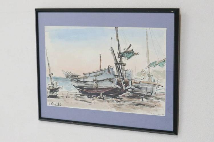 sasaki サイン入り★直笔 水杉画 额装★渔船 久留和海岸 风景画 絵画