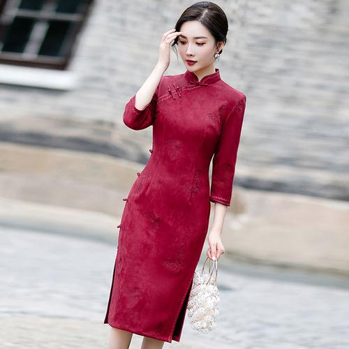 旗袍妈妈装婚宴礼服红色2021年新款改良连衣裙中长款