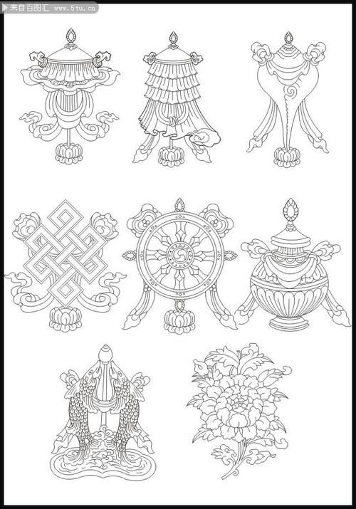 藏传吉祥八宝白描矢量图-传统图案-百图汇素材网