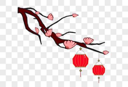 手绘古风梅花花枝灯笼高清图片