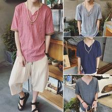 中国风男装夏季亚麻短袖t恤男宽松薄款白色丅恤休闲棉麻布半袖t桖