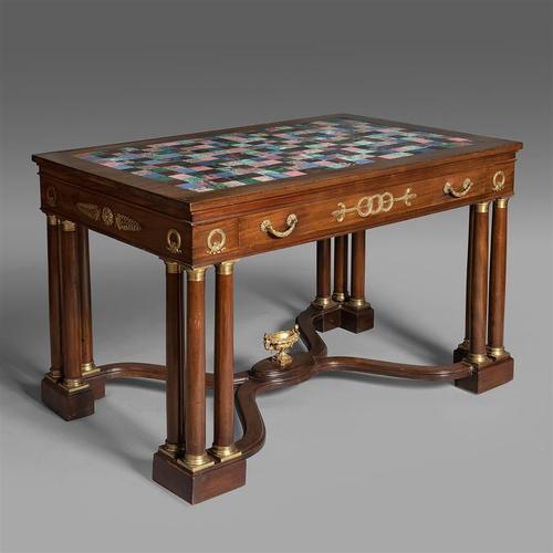 帝政样式铜鎏金装饰多色大理石镶嵌桌面桃花心木写字桌