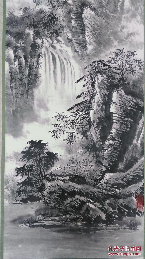 日本回流字画 中国山水画水墨纸本深山飞瀑真迹近代品