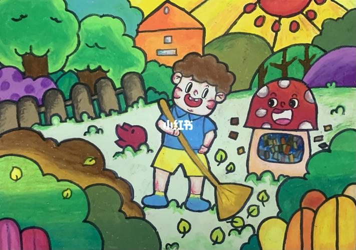 儿童画|劳动最光荣|线稿 油画棒上色_上色_儿童画_线稿_油画棒_唇膏笔