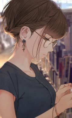 图书馆里,一个戴眼镜的女孩侧脸插画图片