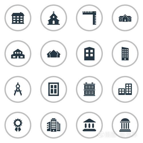 16 简单建筑图标集.可以找到这样的元素作为住宅, 奖励, 块和其他