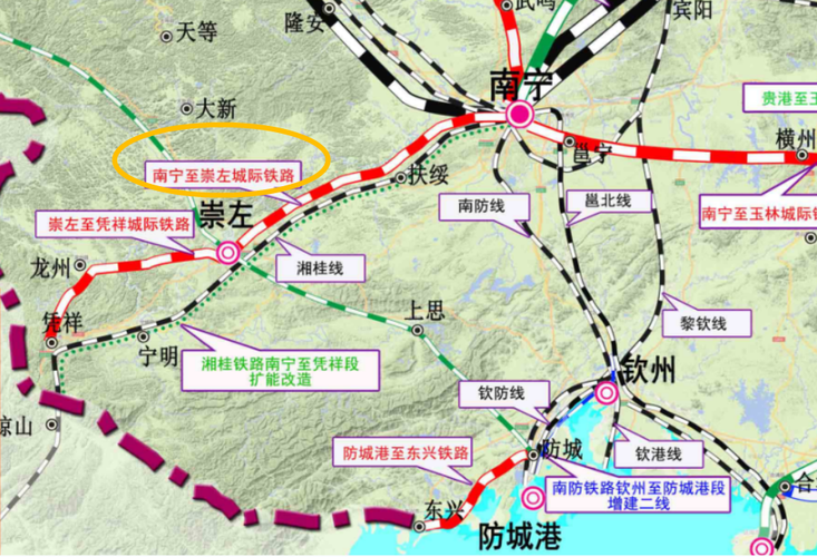 经吴圩机场站,扶绥南站,渠旧站(预留站),至崇左南站,其中后面三个车站