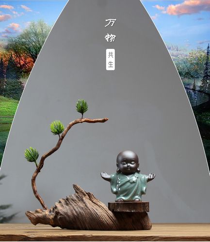 智汇 禅意摆件 小和尚新中式博古架木制工艺品书房装饰办公室艺术品