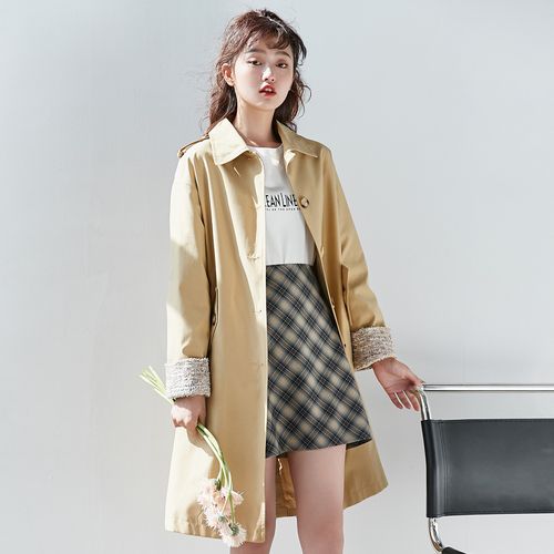 驼色翻领复古小香风袖口中长款风衣