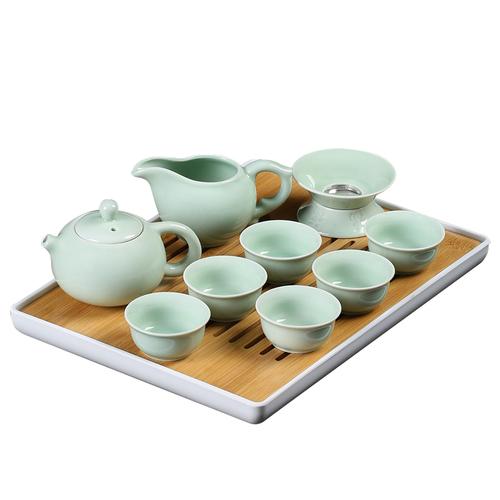 苏氏陶瓷整套陶瓷功夫茶具套装茶杯便携竹制干泡茶盘储水茶台茶道粉青