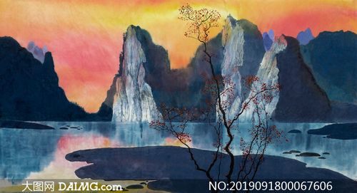 中国风山川湖泊绘画效果图片素材
