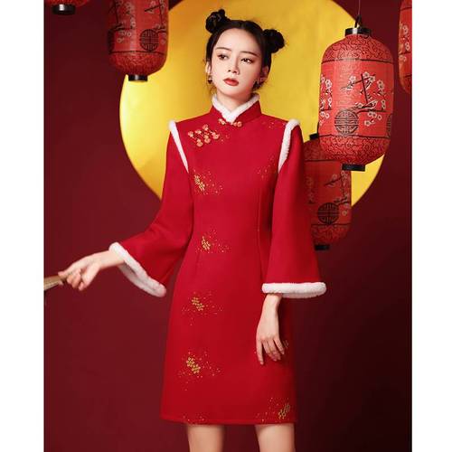 改良旗袍拜年服过年加绒加厚唐装敬酒服中国风女装连衣裙秋冬礼服