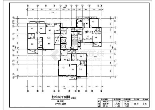 成都市某小区住宅楼标准层平面设计图cad图纸1梯3户155130111