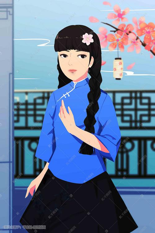 民国风桃花青春少女唯美手绘彩色插画