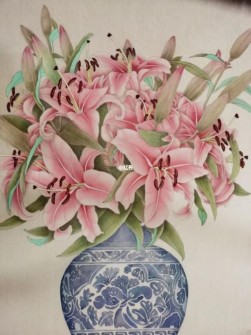 粉百合花_百合花_国画_手绘_工笔画_国画工笔画_兴趣爱好_绘画