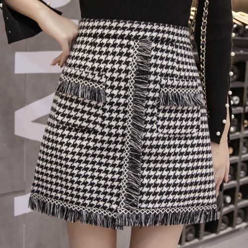 魅芷meizhi2020秋季新款韩版千鸟格半身裙不规则个性流苏毛呢口袋短裙