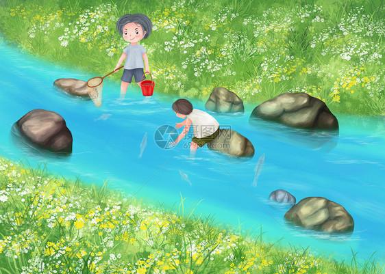 唯美插画 溪边抓鱼.