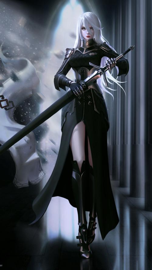 穿黑披风拔剑的长发动漫女剑士手机壁纸