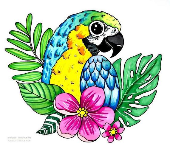 儿童画教程|自然美学课程《五彩斑斓的鹦鹉》