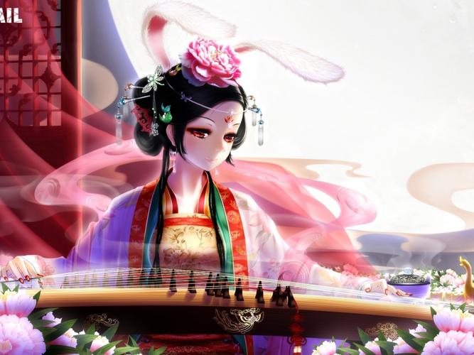 美丽的动漫女孩弹古筝,和服,花 640x1136 iphone 5/5s/5c/se 壁纸