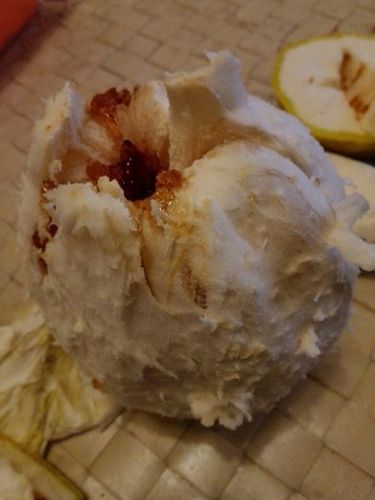 剥开一个柚子,发现里面有胶状的暗红色物质,软软的,这