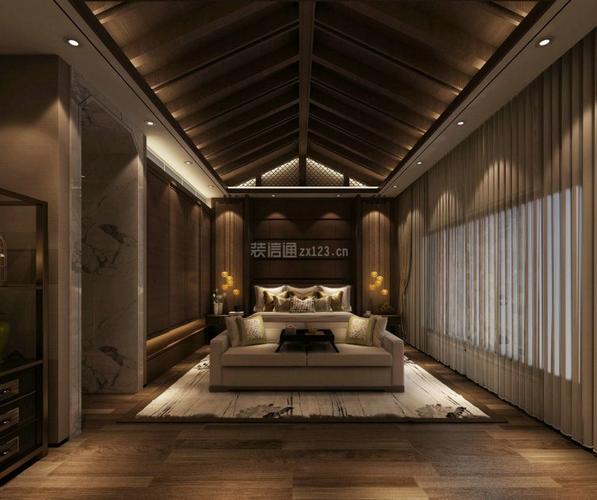 118平米三居现代中式斜顶卧室样板间设计图