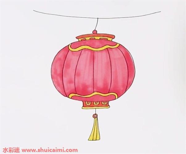 2,在顶部上方画上绳子,在圆形的下方画上灯笼的底,下面挂着一串流苏.