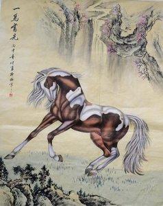 骏马奔腾一马当先图手绘工笔画韩梅真迹客厅酒店宾馆祝寿开业贺礼