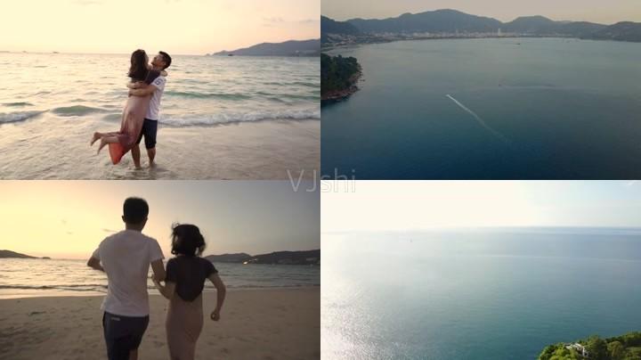 情侣海边奔跑拥抱新婚夫妻海边度蜜月